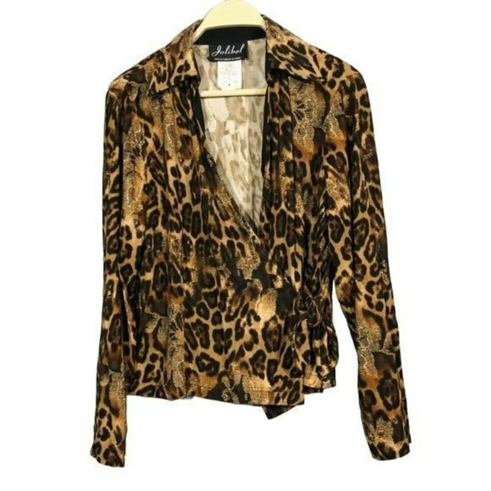 Vintage Jolibel Women Blouse Jacket Size 10 Vneck Tied Snake Camo Gothic Retro